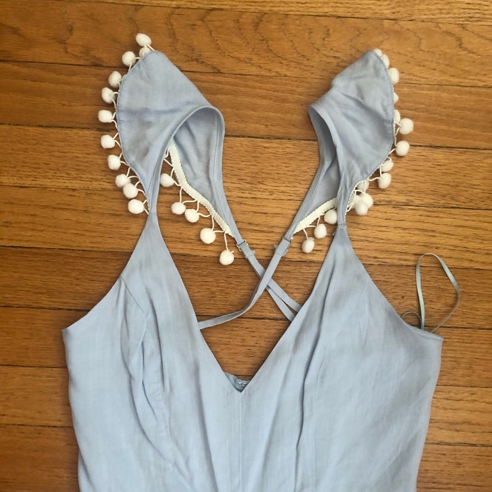Blue Blush Sky Blue Midi Length Jumpsuit Pom poms